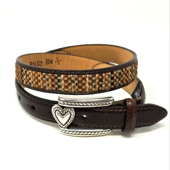 BRIGHTON WOVEN BROWN LEATHER BELT HEART SILVER BUCKLE STYLE C5108 UNISEX M/30 - Picture 1 of 16
